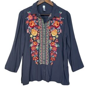 Giddy Up Glamour Blouse Women Size S Gray Embroidered Floral Boho Tunic‎ Top